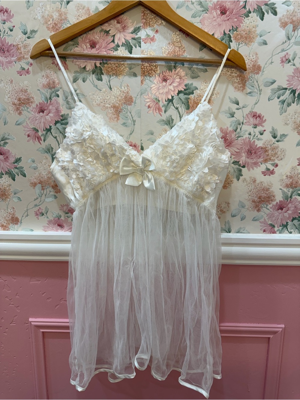 Sheer Floral Lace Chemise with Satin Bow - White